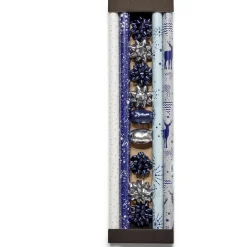 Ensemble papier cadeau Noël 2m x4 avec noeud x7 ruban x3 argenté bleu
