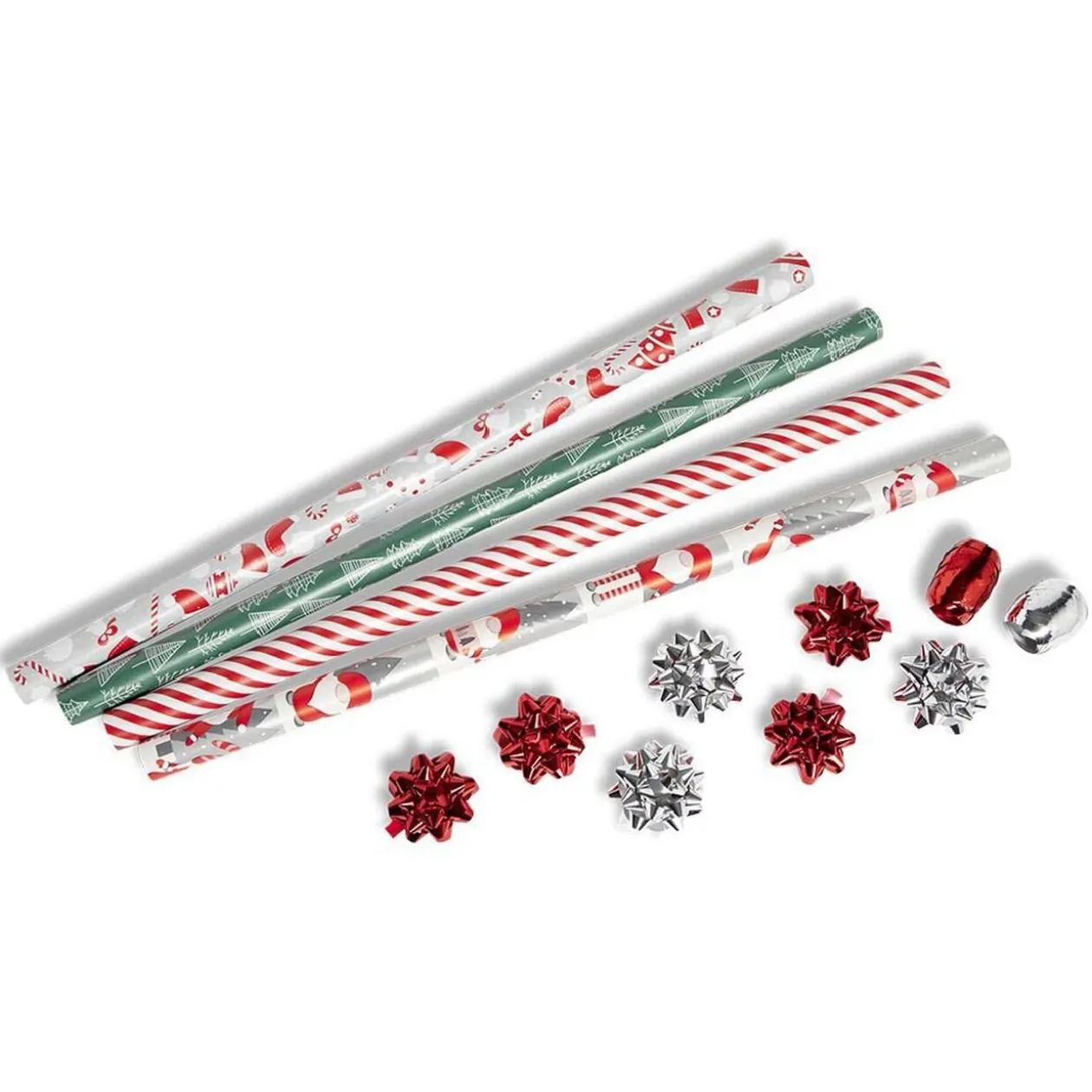 Ensemble papier cadeau Noël 2m x4 avec noeud x7 ruban x2 argenté et rouge
