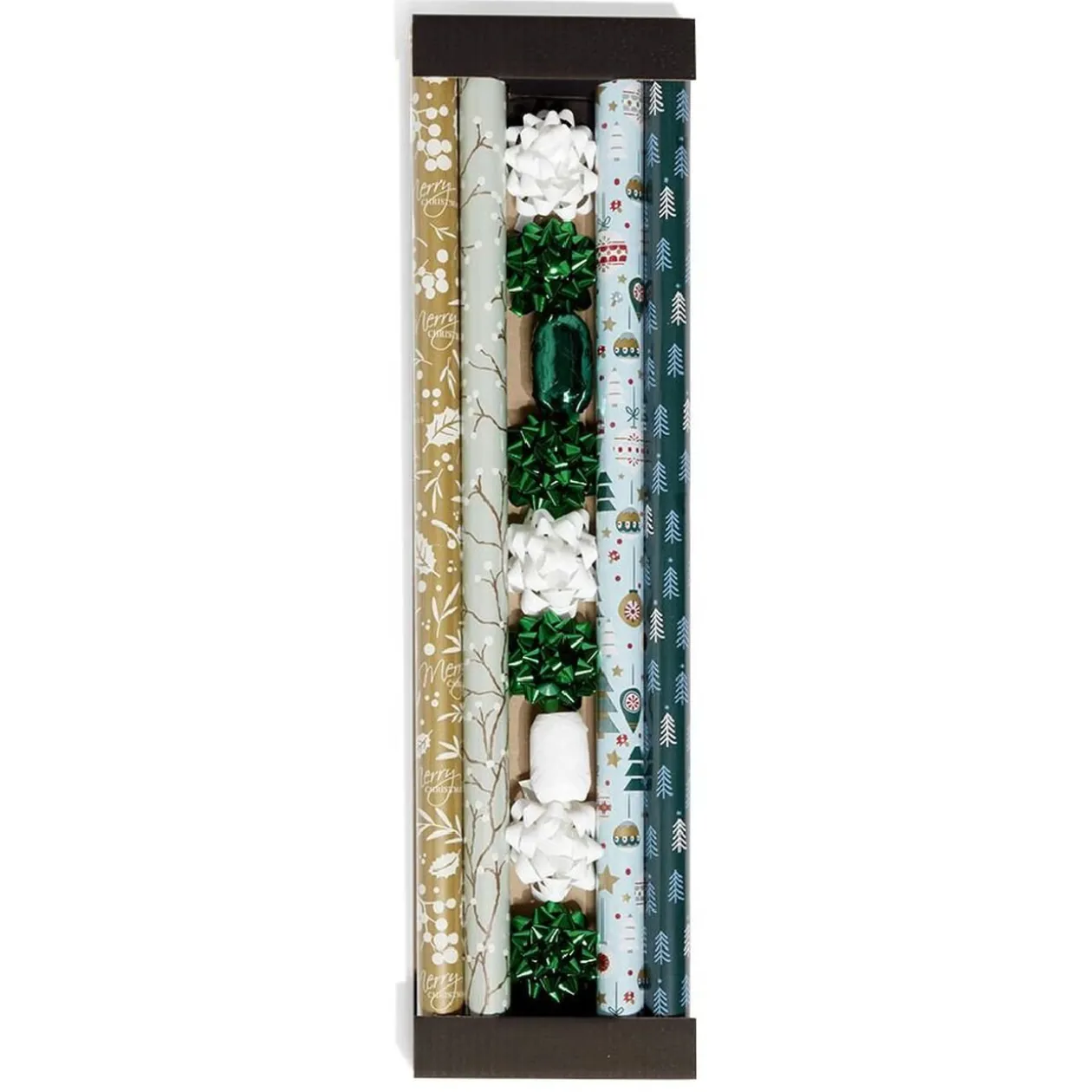 Ensemble papier cadeau Noël 2m x4 avec noeud x7 ruban x2 vert et blanc