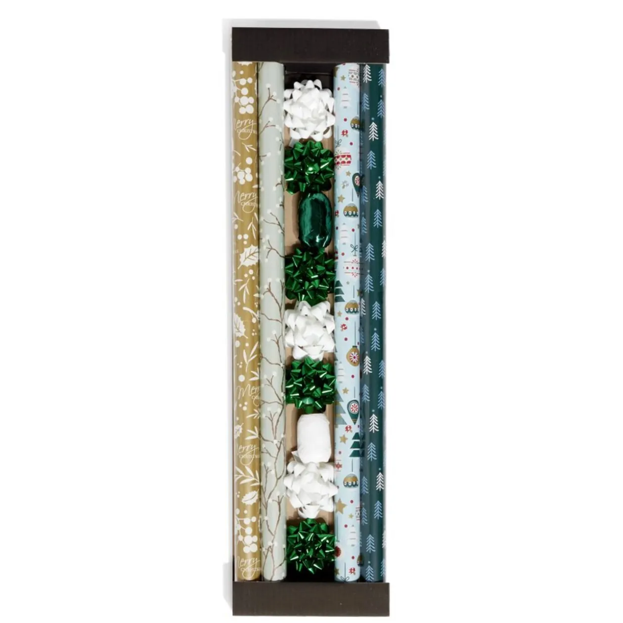Ensemble papier cadeau Noël 2m x4 avec noeud x7 ruban x2 vert et blanc