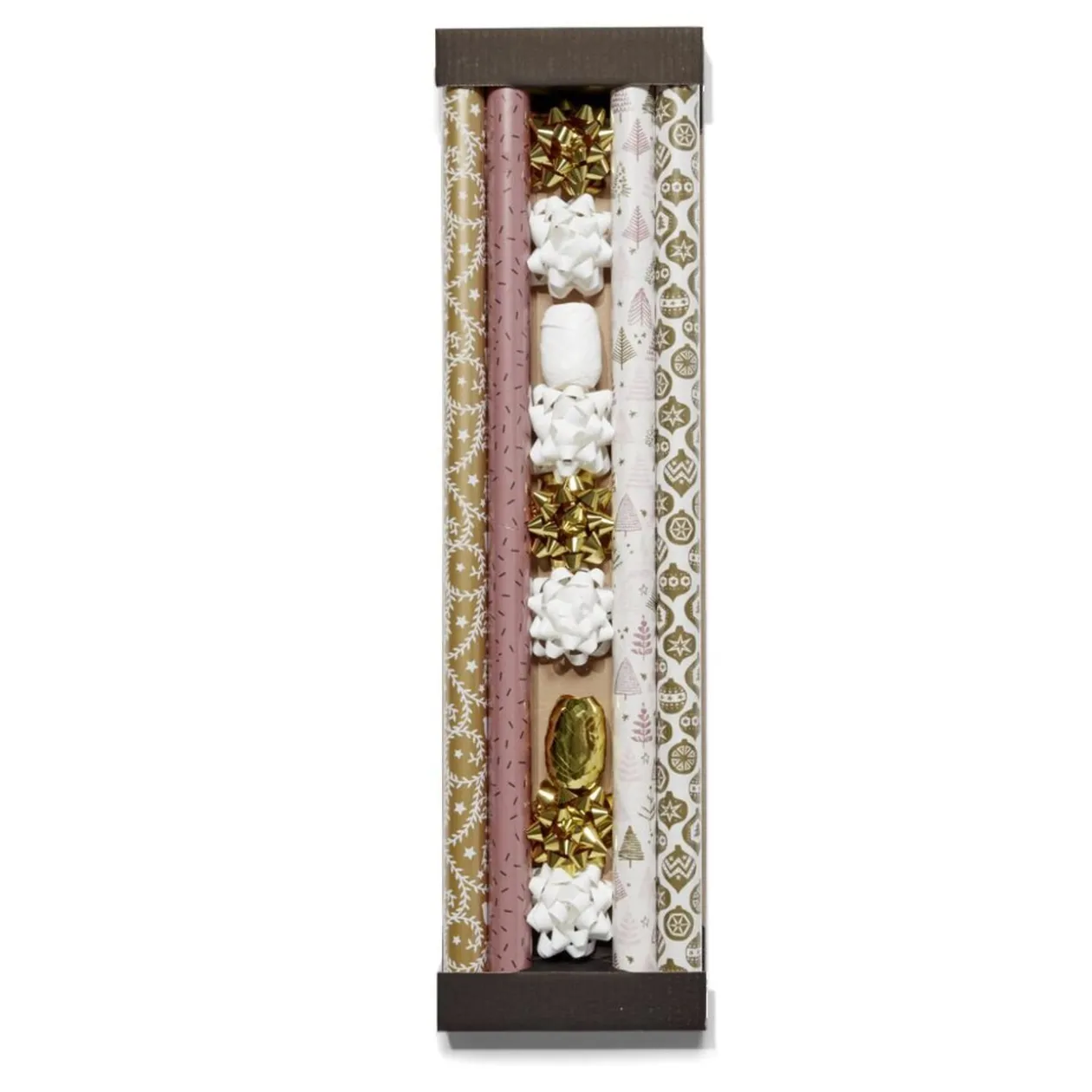 Ensemble papier cadeau Noël 2m x4 avec noeud x7 ruban x3 doré et blanc