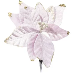 Fleur Poinsettia déco à clipser finition velours rose et dorée 20 cm