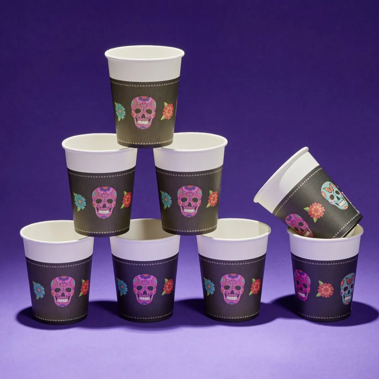 Gobelet papier Halloween tête de mort mexicaine 260ml x8