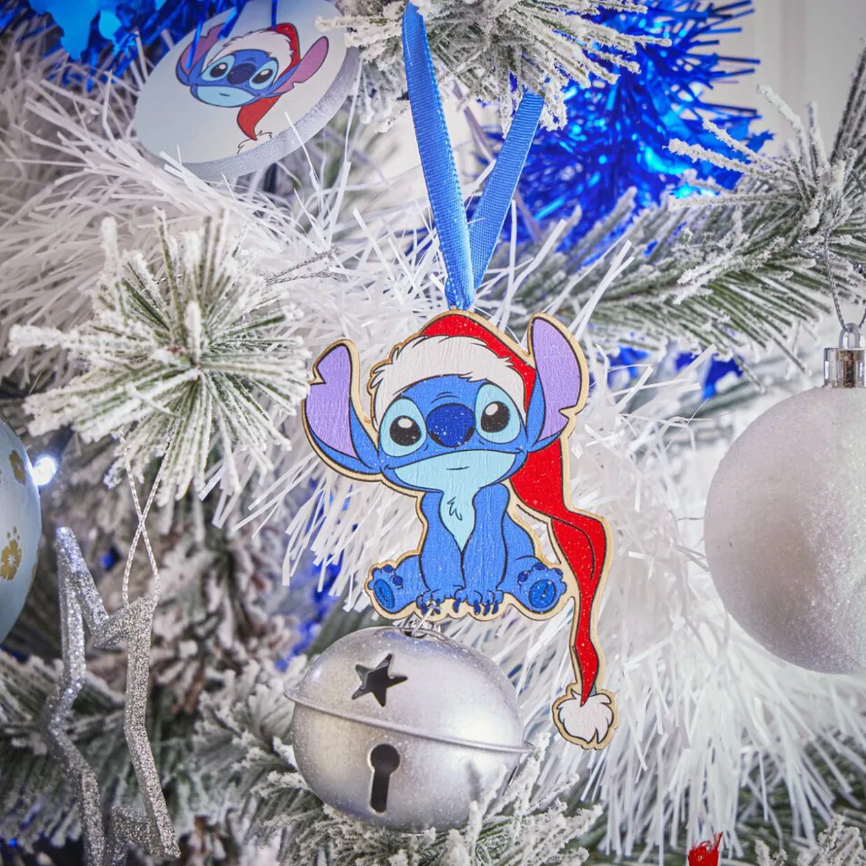 Grelot Disney Stitch bleu et gris à suspendre bois Ø6xH11cm