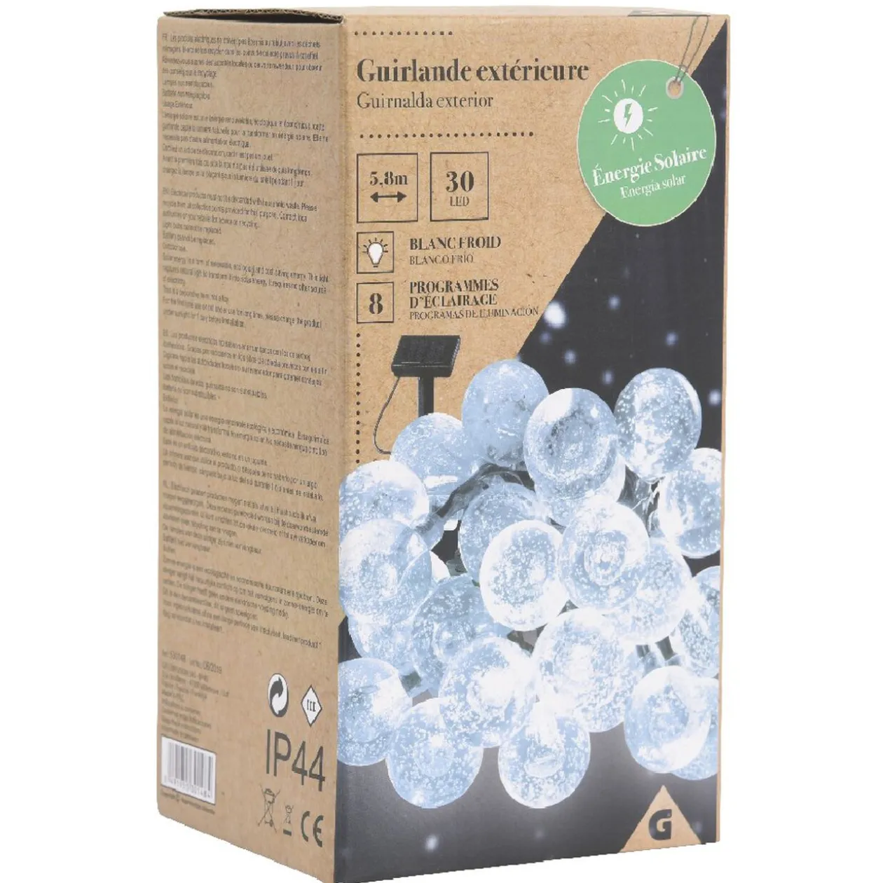 Guirlande boules lumineuses solaire blanc froid clignotant fixe 5,8 m