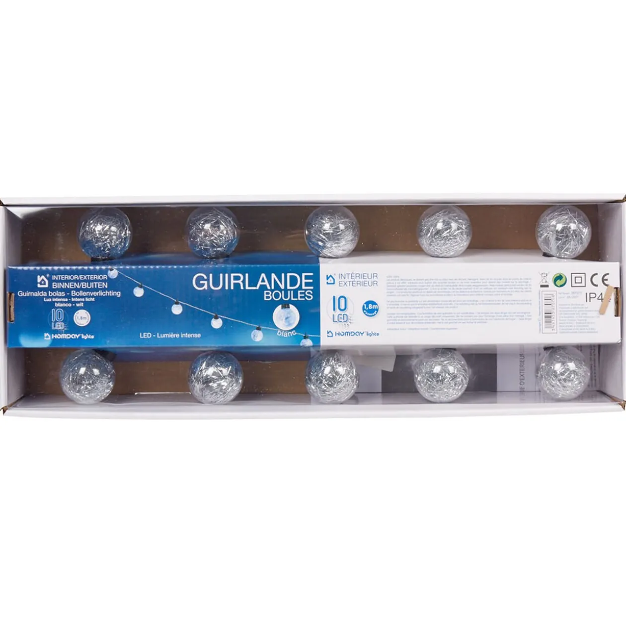 Guirlande électrique 10 boules grises pailletées L. 1,8 m