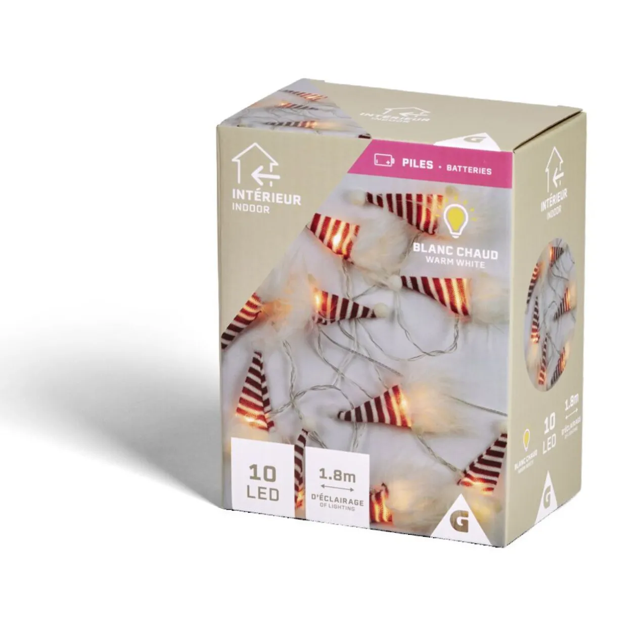 Guirlande lumineuse intérieur gnome 10LED blanc chaud à piles 1,8m