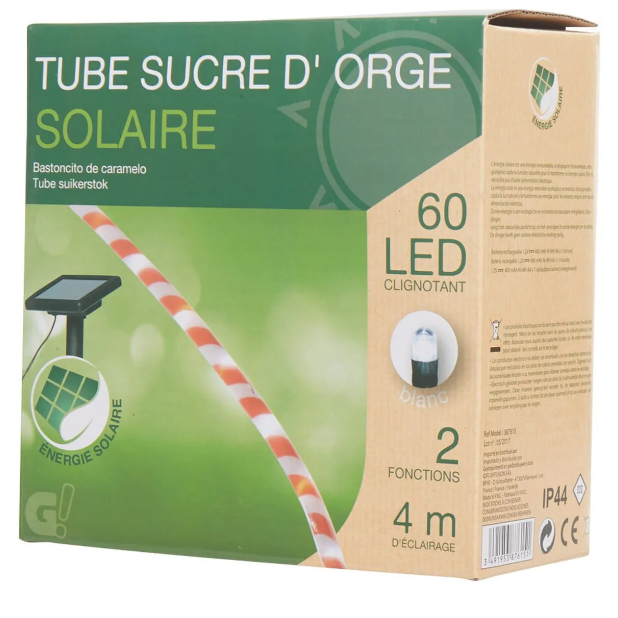 Guirlande tube solaire sucre d'orge blanc rouge L. 4m