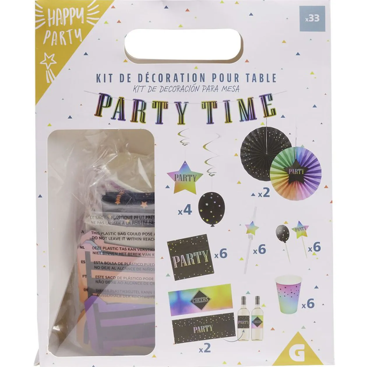Kit décoration et vaisselle jetable Party multicolore 6 personnes
