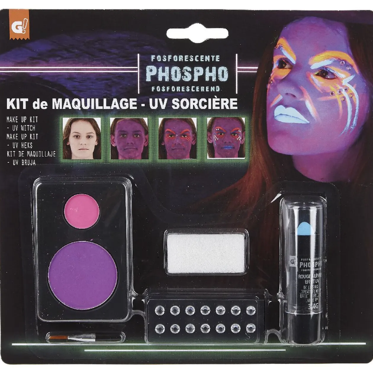Kit de maquillage phosphorescent fluo sorcière Halloween