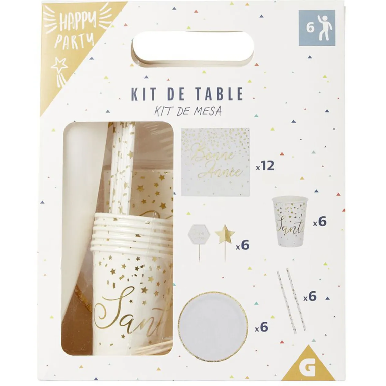 Kit jetable Bonne année vaisselle et accessoire 6 personnes doré