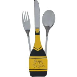 Lot de 4 pochettes à couverts Nouvel an forme bouteille noir et doré