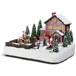 Maison du Père Noël lumineuse avec lutin et renne 13 LED en résine