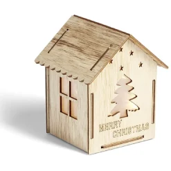 Maison lumineuse Noël en bois motif sapin 5LED blanc chaud H10,5cm