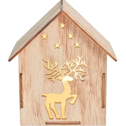Maison lumineuse Noël en bois motif cerf 5LED blanc chaud H10,5cm