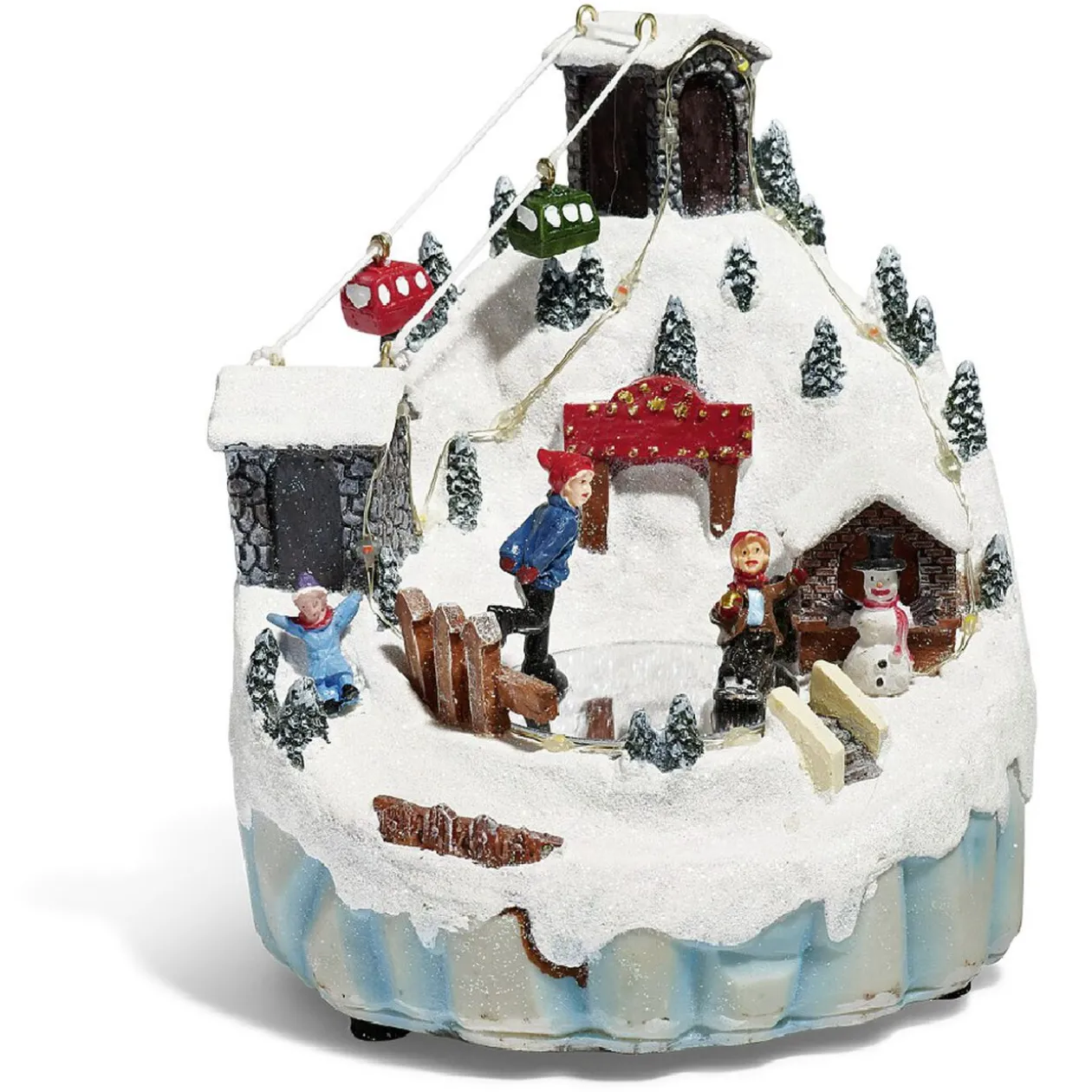 Montagne enneigée lumineuse luge bonhomme de neige 16 LED en résine