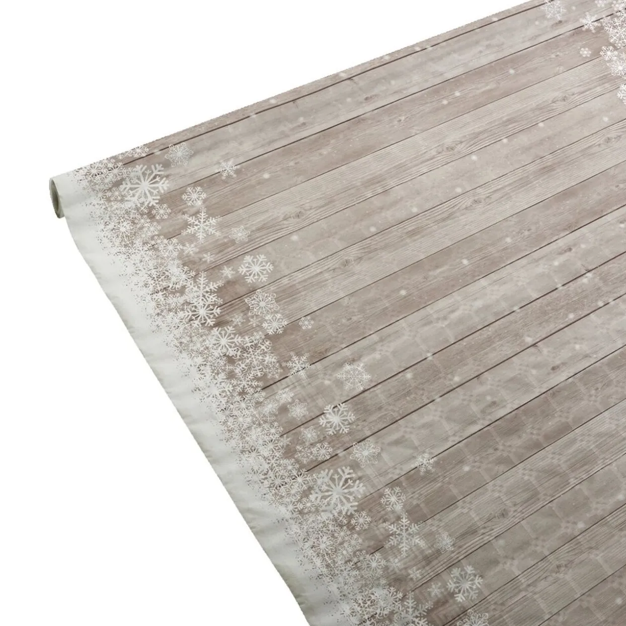 Nappe damassée motif effet bois bordure flocons