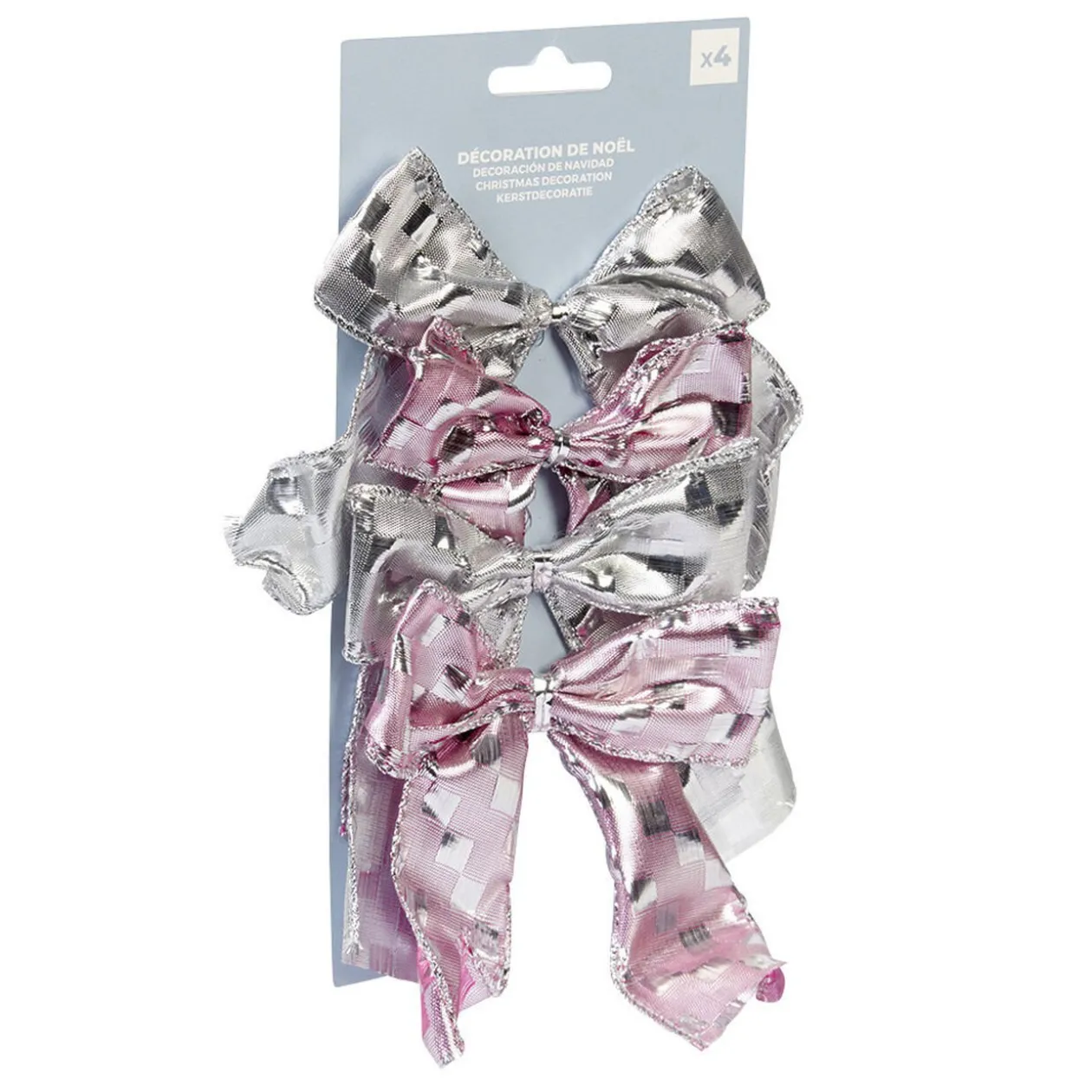 Noeud de Noël ruban argenté rose et gris x4