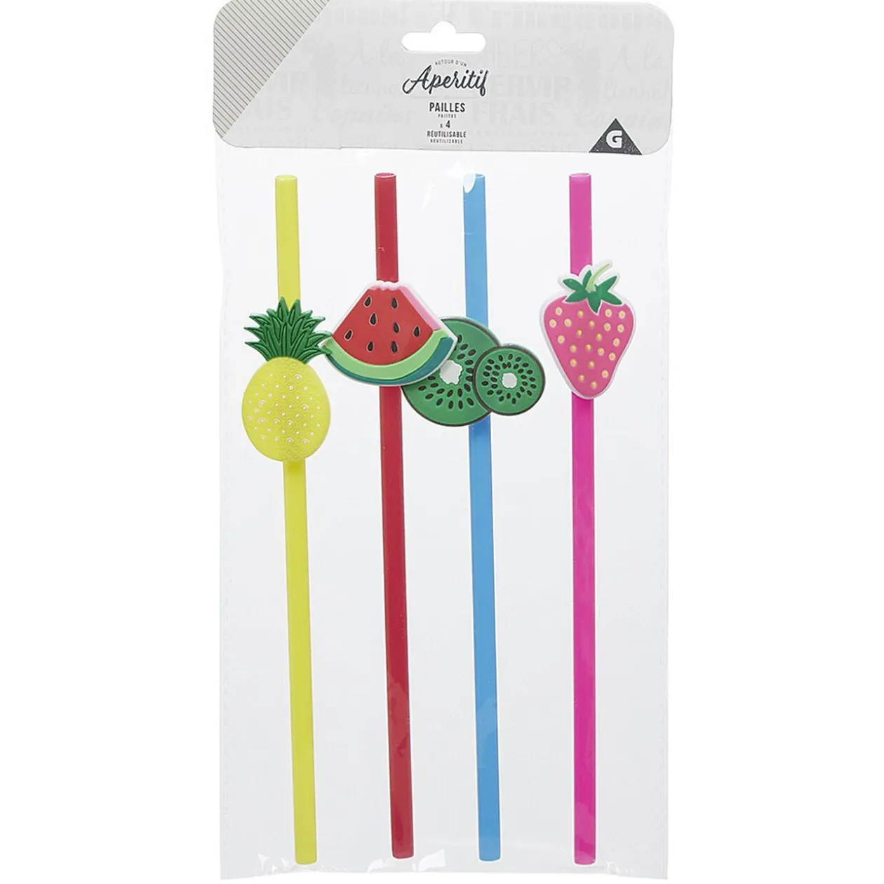 Paille design fruit en plastique réutilisable x4