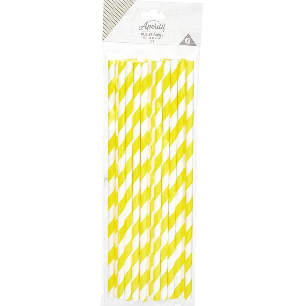 Paille jetable en papier motif chevron blanc et jaune x20