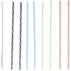 Paille plastique coloré motif spirale x8 avec goupillon - Ø0,5 x H28cm