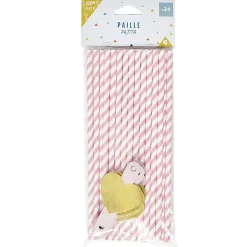 Paille rose et étiquette coeur en papier x 24