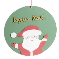 Pancarte ronde en bois Père Noël rouge et vert Ø30cm