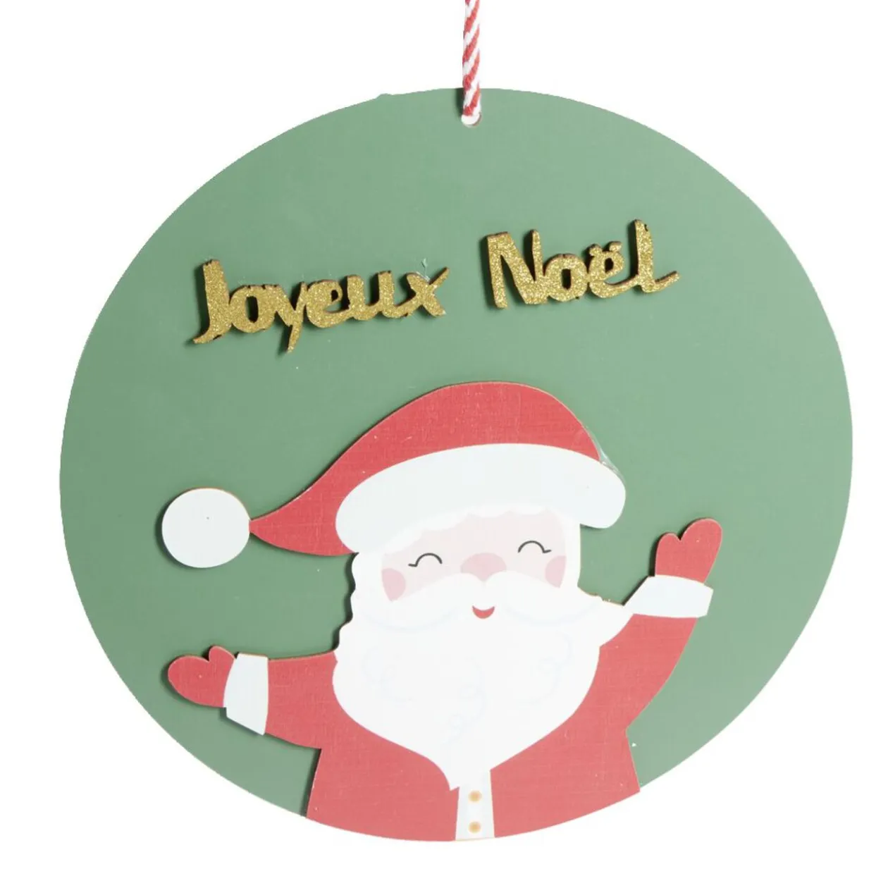 Pancarte ronde en bois Père Noël rouge et vert Ø30cm