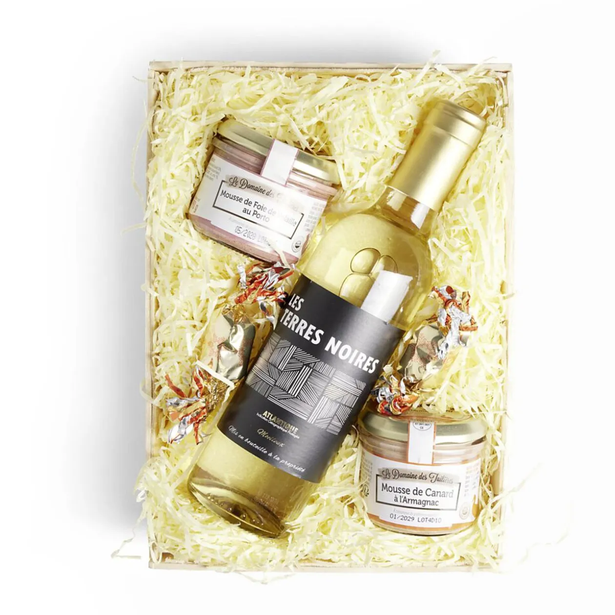 Panier gourmand 1 bouteille vin blanc/2 pâtés/2 papillotes chocolat