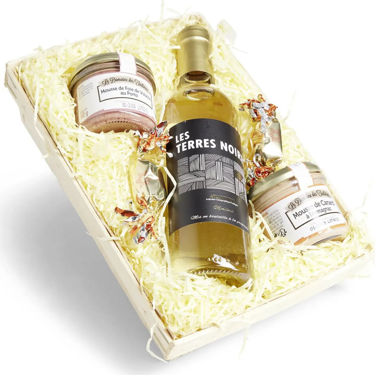 Panier gourmand 1 bouteille vin blanc/2 pâtés/2 papillotes chocolat