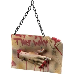 Panneau à suspendre Halloween This way main coupée ensanglantée
