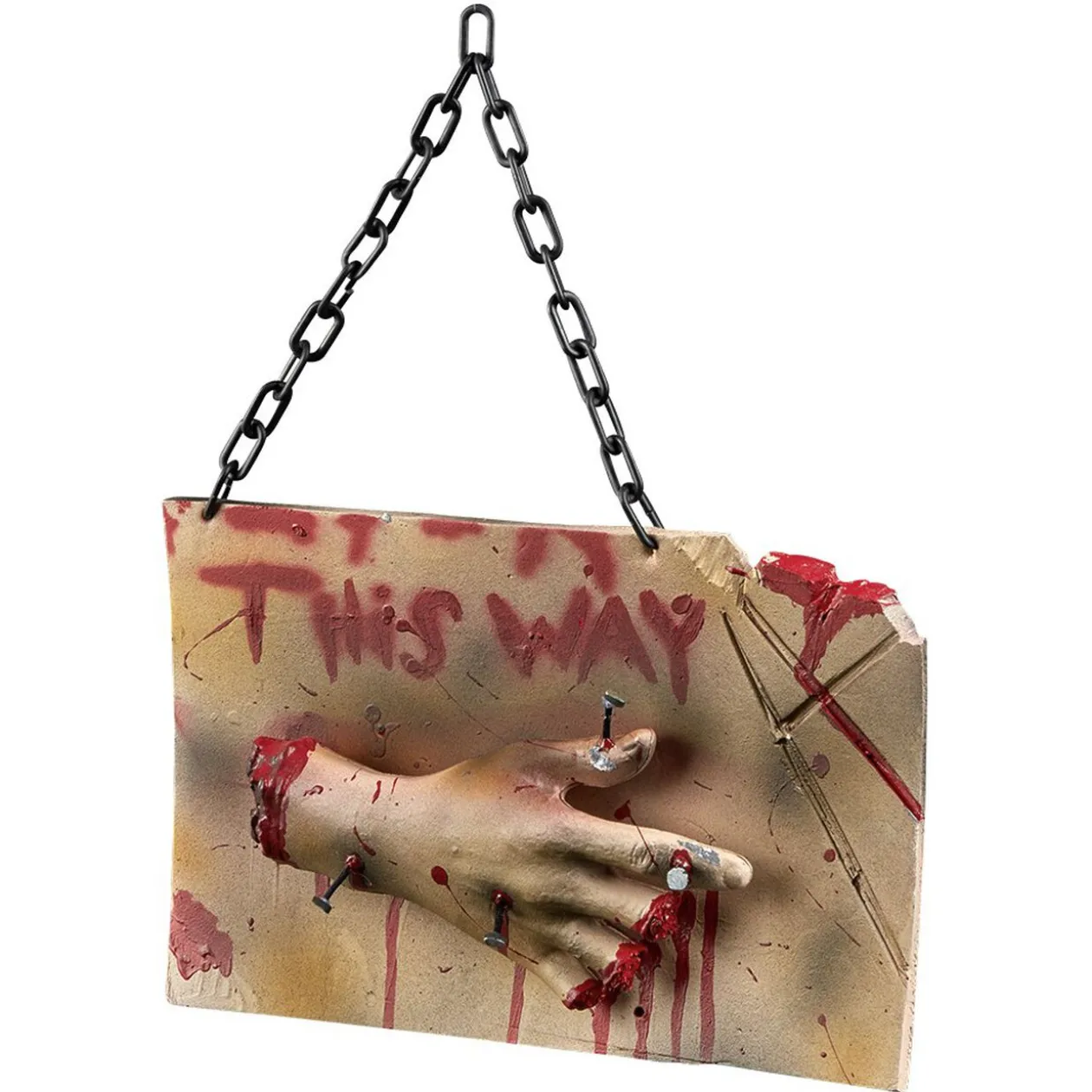 Panneau à suspendre Halloween This way main coupée ensanglantée