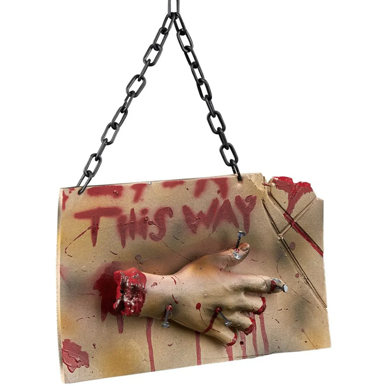 Panneau à suspendre Halloween This way main coupée ensanglantée