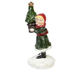 Personnage village de Noël fillette avec sapin dans les mains