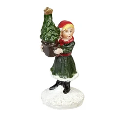 Personnage village de Noël fillette avec sapin dans les mains