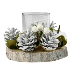 Photophore Noël rondin de bois pomme de pin blanc