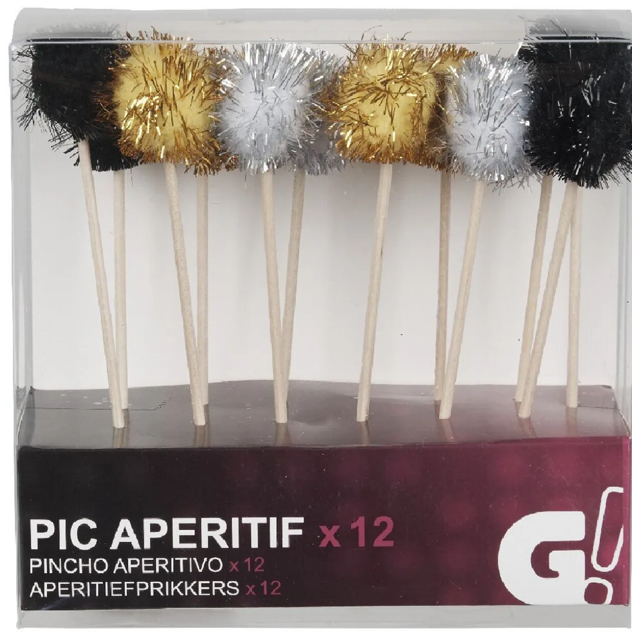 Pic à apéritif embout boule noir doré argenté x12