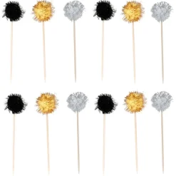 Pic à apéritif embout boule noir doré argenté x12