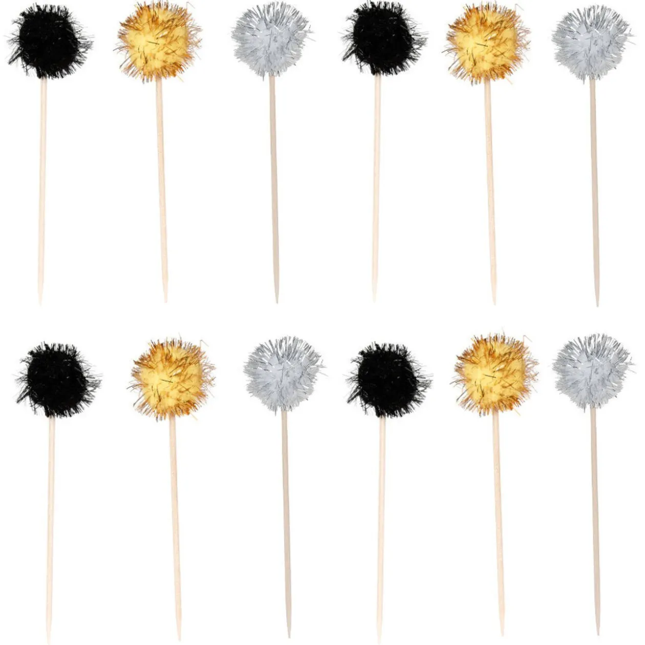 Pic à apéritif embout boule noir doré argenté x12