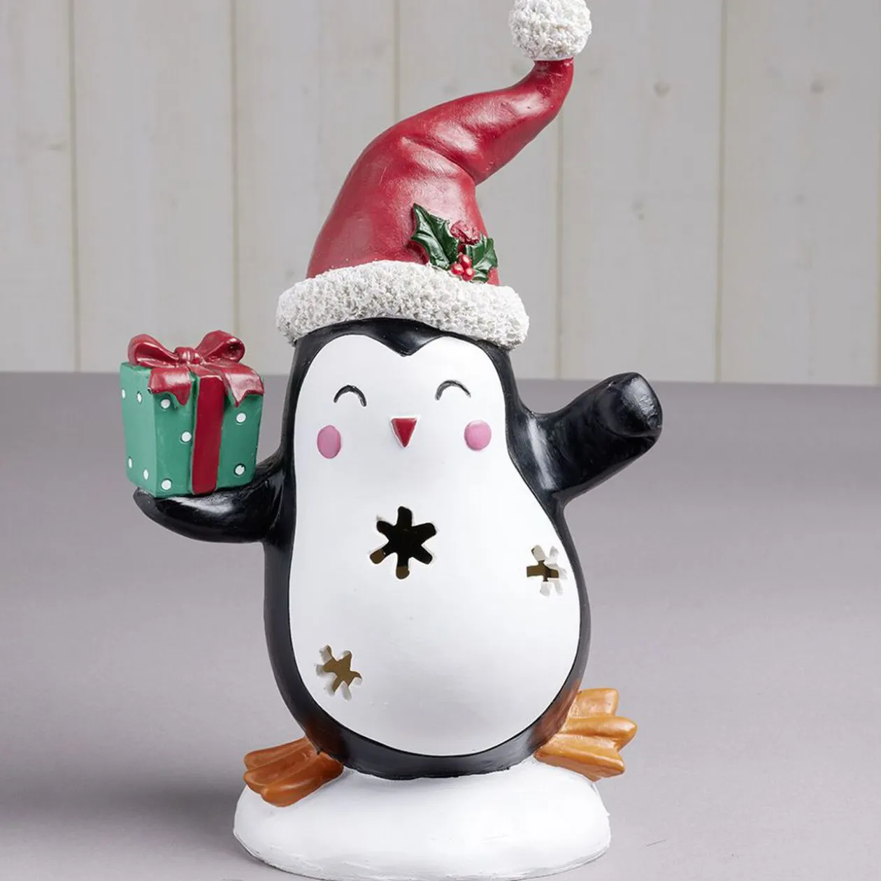 Pingouin solaire polyrésine Noël 1 LED blanc chaud H30cm