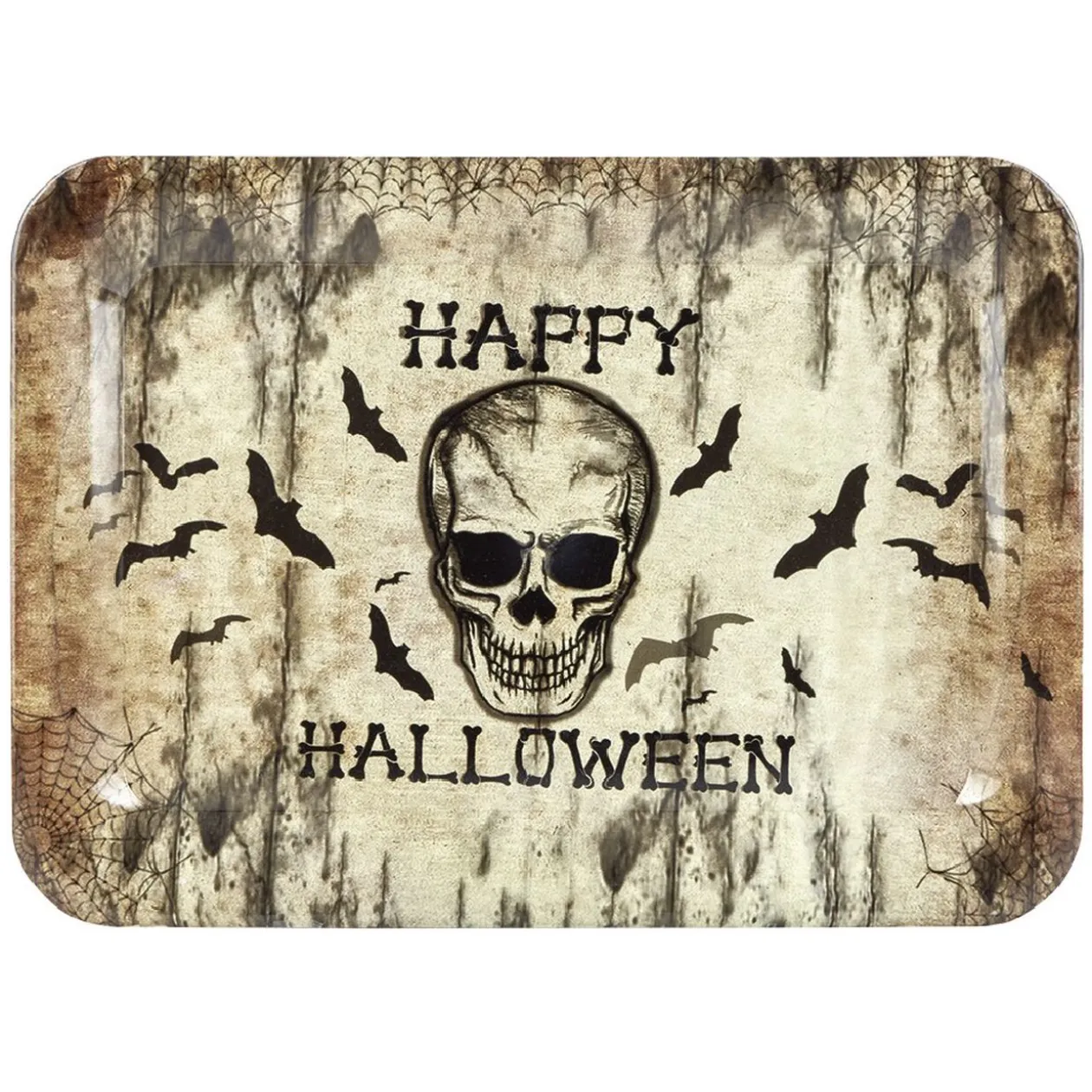 Plateau Happy Halloween tête de mort et toiles d'araignées