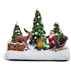 Père Noël et renne lumineux feu de bois sur la neige 4 LED en résine