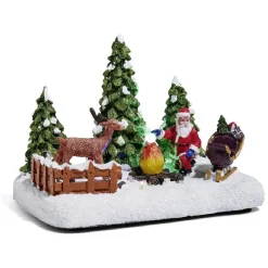 Père Noël et renne lumineux feu de bois sur la neige 4 LED en résine