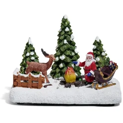 Père Noël et renne lumineux feu de bois sur la neige 4 LED en résine