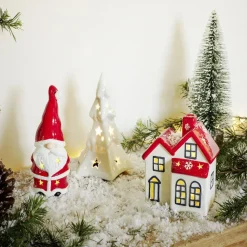 Père Noël lumineux 1LED céramique rouge et blanc H15,5cm