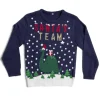Pull de Noël enfant Santa's Team dinosaure bleu marine