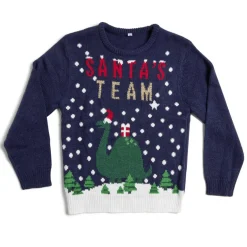 Pull de Noël enfant Santa's Team dinosaure bleu marine