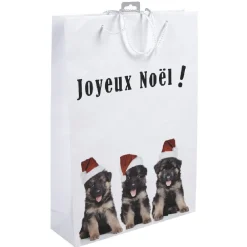 Sac cadeau Joyeux Noël motif chiots grand modèle