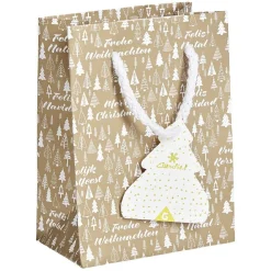 Sac cadeau Noël motif sapin ou uni doré pailleté -Taille S