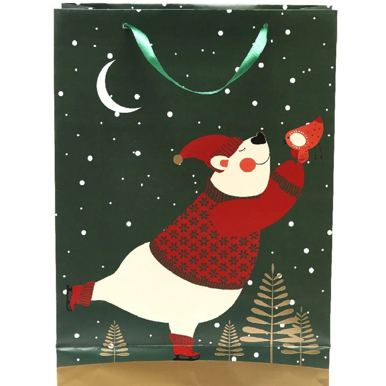 Sac cadeau vert design ours blanc et rouge modèle moyen